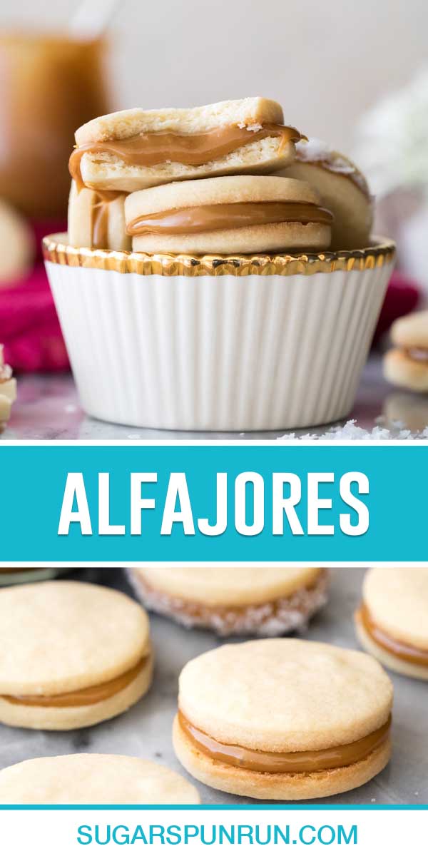 collage of alfajores, top image of cookies in white cup stacked, bottom of cookies laid out on marble board