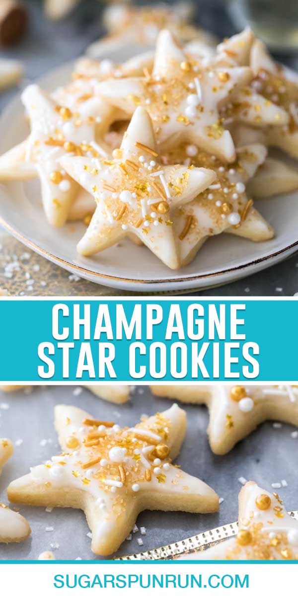 collage of champagne star cookies, top image of cookies on white plate, bottom image of cookies with tray close up