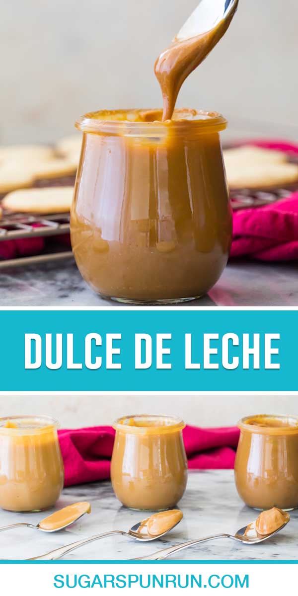 collage of dulce de leche, top image is of dulce de leche in jar with spoon