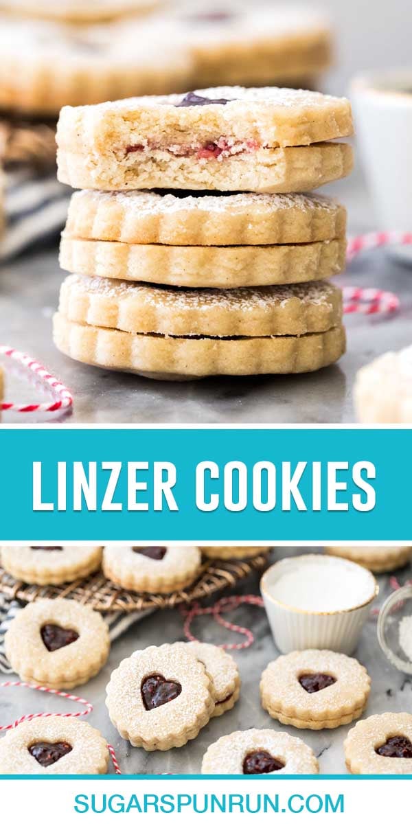collage of linzer cookies, top image is of three cookies stacked, bottom image is of cookies on marble surface spread out