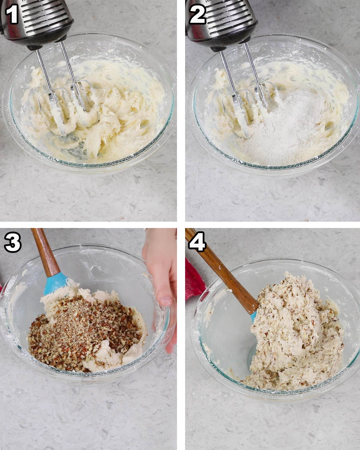 collage of making russian tea cakes: 1)creaming butter sugar vanilla 2) stirring in flour/cornstarch/salt 3) folding in nuts 4) finished dough