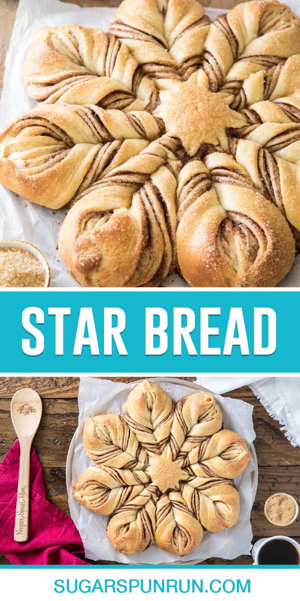 collage of star bread, top image of bread baked close up, bottom image of baked bread on plate with spoon and coffee