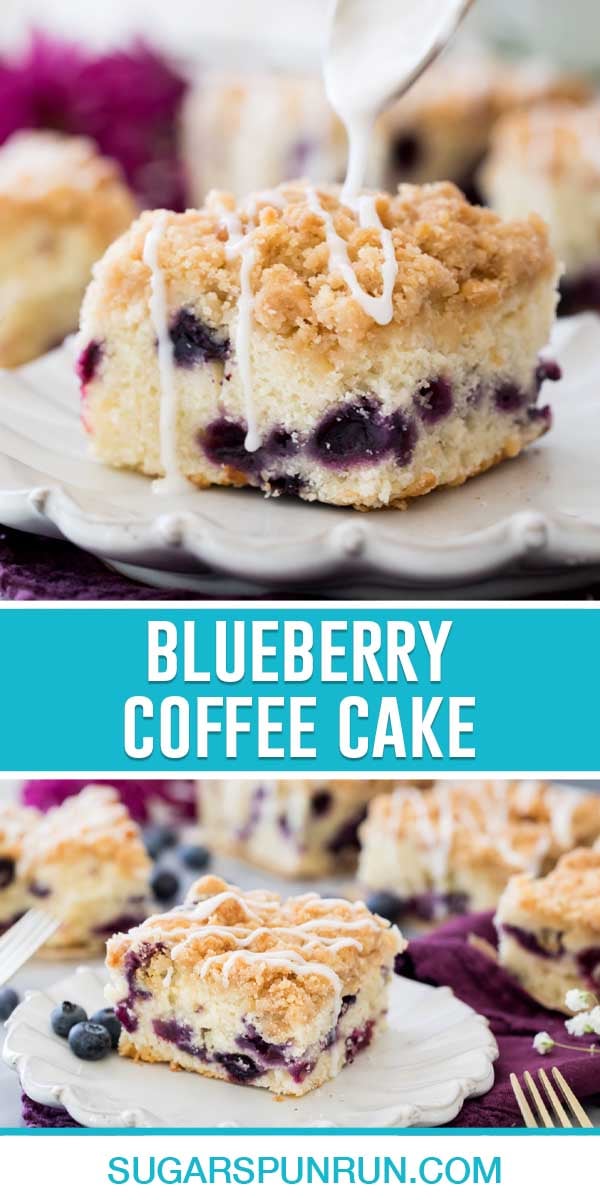 collage of blueberry coffee cake, top image close up of slice with icing being drizzled on top, bottom image of slice on white plate with others surrounding it