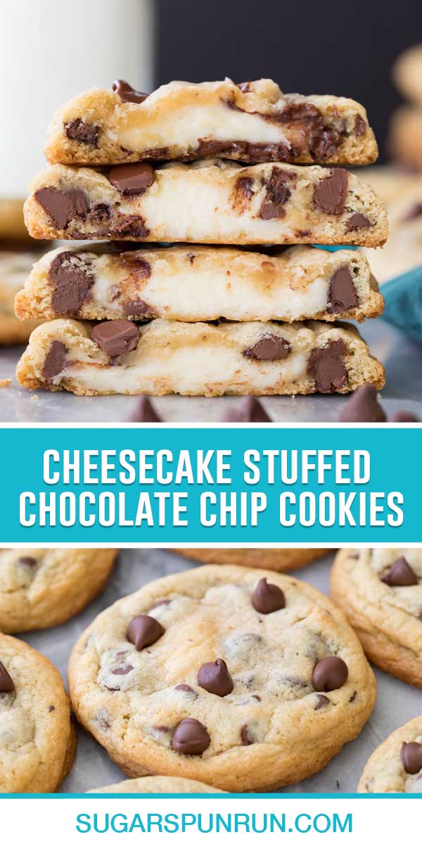 collage of cheesecake stuffed chocolate chip cookies, top image of four cookies stacked cut in half to see cheesecake filling, bottom image if a close up of full cookie