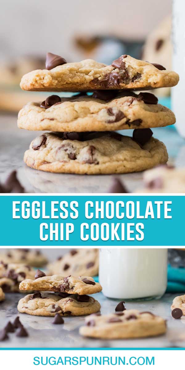 collage of eggless chocolate chip cookies, top image of three cookies stacked, bottom image of three cookies, two stacked, one on table with glass of milk