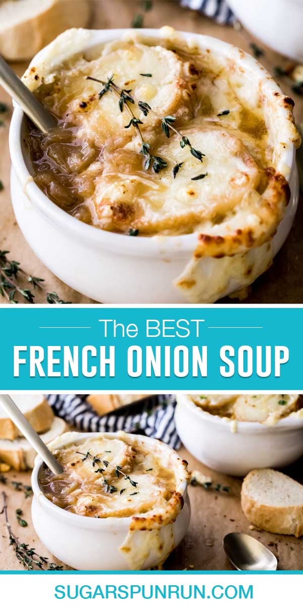 collage of french onion soup, top image is a close of soup with cheese on top and spoon in bowl, bottom image is same picture shot further away