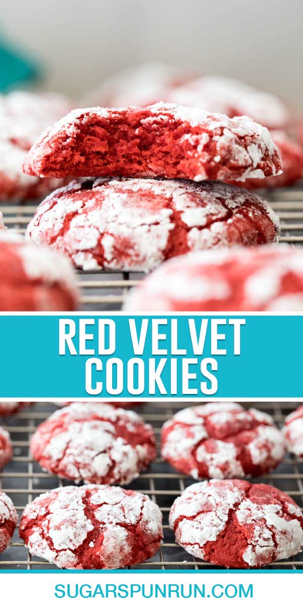 collage of red velvet cookies, top image is close up image of two stacked with top cookie missing a bite, bottom image is of multiple cookies on rack cooling
