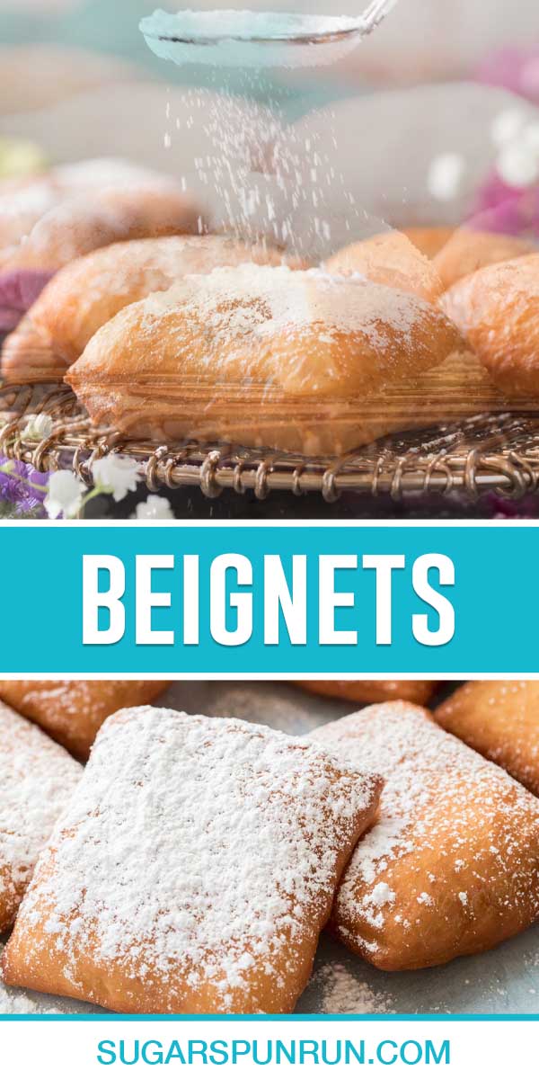 collage of beignets, top image is close up of beignet being dusted with powdered sugar, bottom close up of two beignets fully dusted