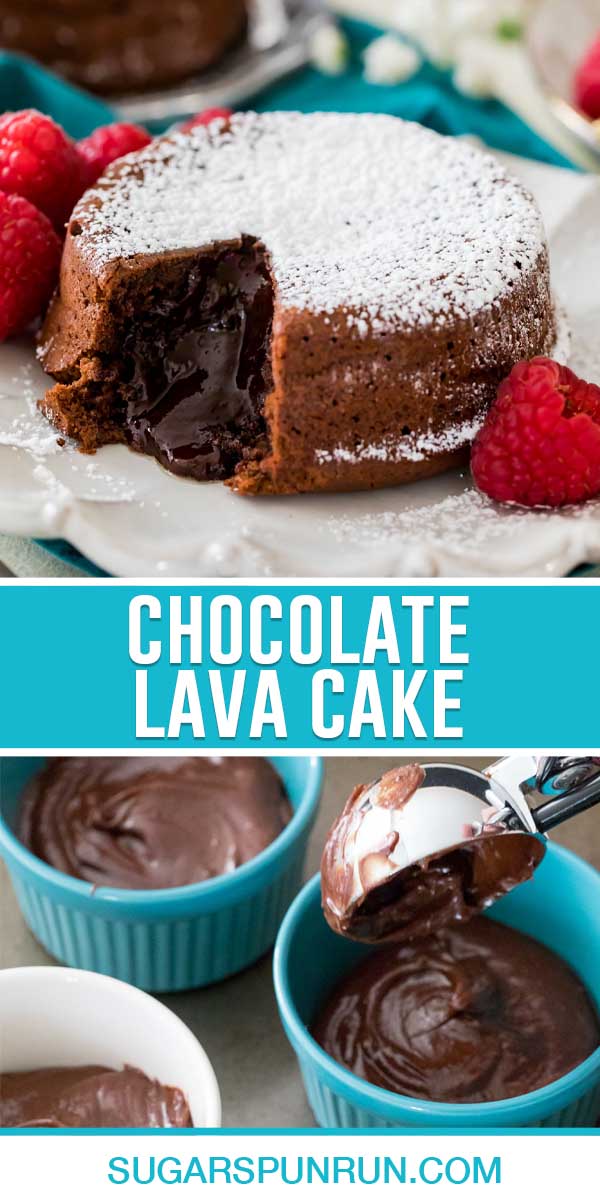 collage of chocolate lava cake, top image of single cake with chocolate pouring out, bottom image of cake batter being scooped into bowls