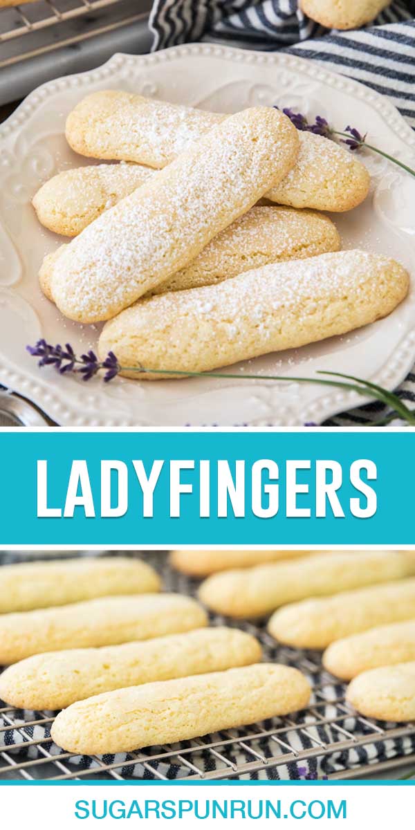 collage of ladyfingers, top image of multiple cookies on white plate dusted with sugar, bottom image of cookies cooling on rack,
