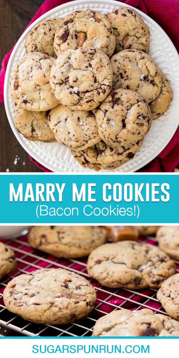 collage of bacon cookies, top image is of cookies on white plate, bottom image is close up of cookies cooling on rack