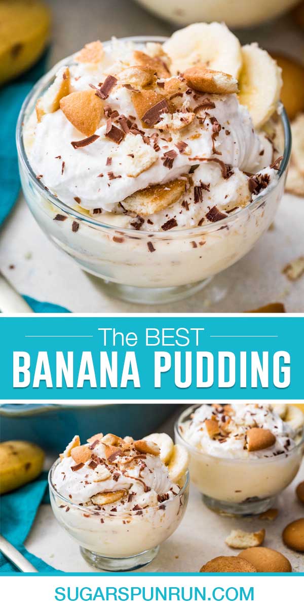 Collage of Banana Pudding, Image of close up of pudding in bowl, bottom image of two bowls