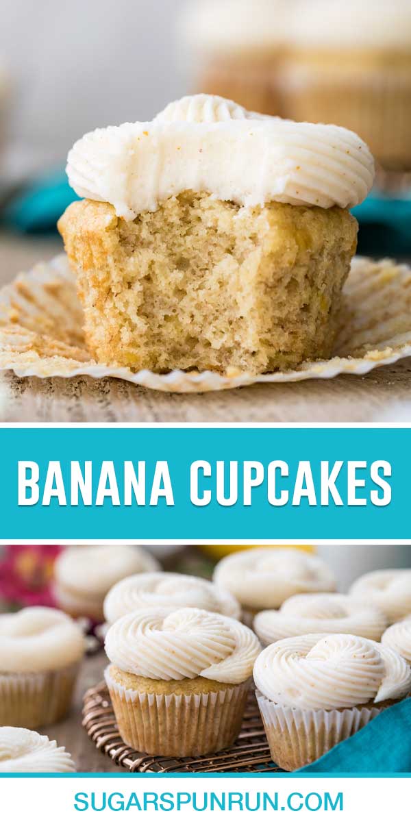 collage of banana cupcakes, top image is of single cupcake with wrapper off and bite taken out, bottom image is of multiple cupcakes on gold tray