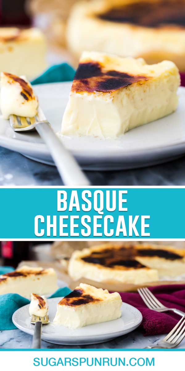 collage of basque cheesecake, top image of single slice with bite on fork, bottom image is of full cheesecake with slice on plate