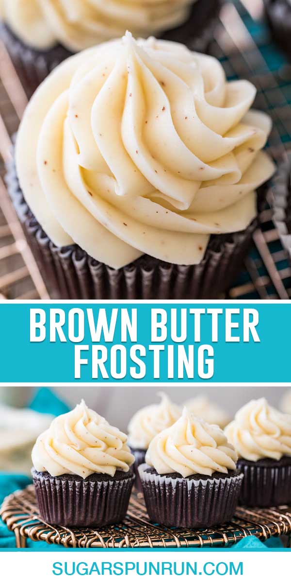 collage of brown butter frosting, top image close up of frosting on chocolate cupcake, bottom image is of cupcakes on gold tray