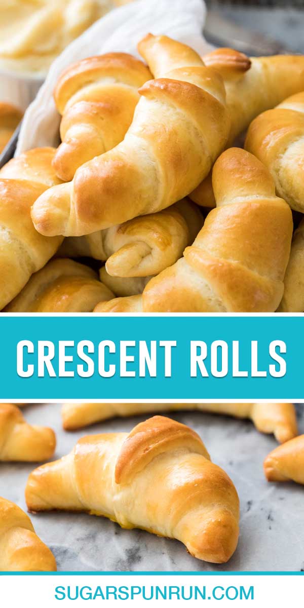 collage of crescent rolls, top image is a close up of crescent rolls in basket, bottom image is close up of single roll