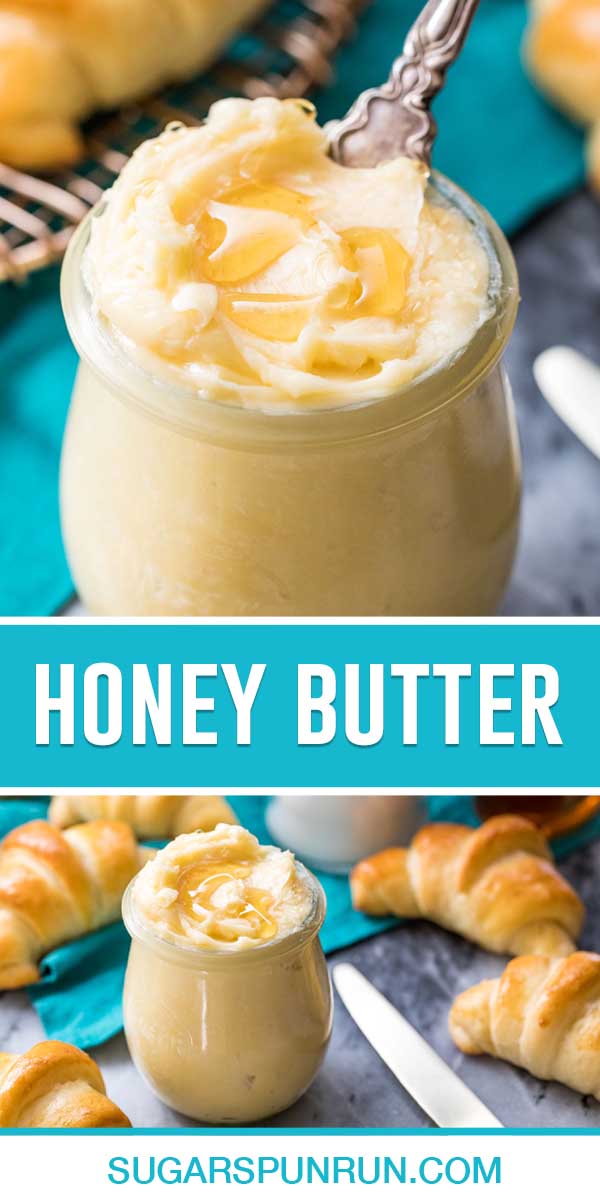 collage of honey butter, top image of butter in serving jar with knife inside jar, bottom image is full jar surrounded by crescent rolls