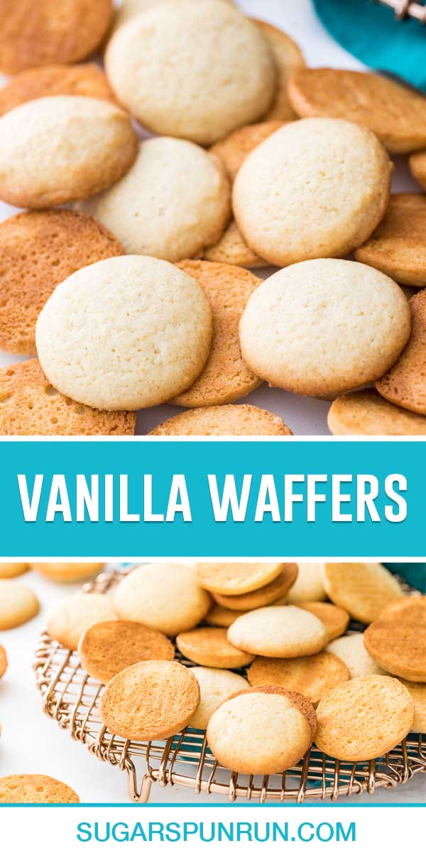 collage of vanilla waffers, top image close up of multiple waffers, bottom image of them on gold wire tray