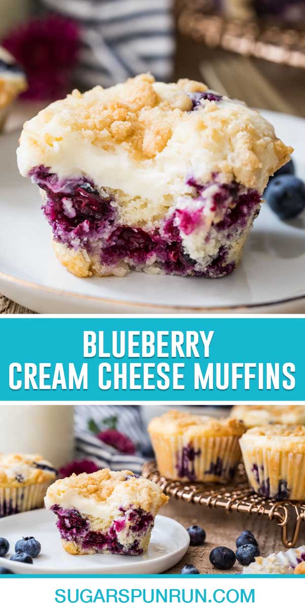 collage of blueberry muffins, top image of close up of single muffin, bottom of single muffin on plate and muffins on gold plate