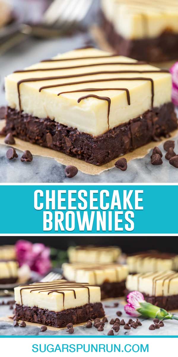collage of cheesecake brownies, top image is of full single slice, bottom image is of slices spread out on marble slab