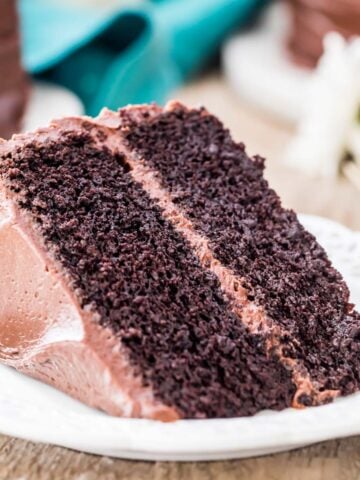 Devil's food cake on a white plate
