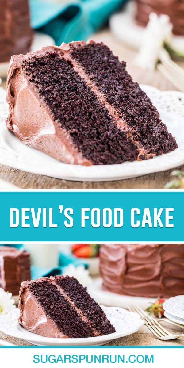 collage of devils food cake, top image of single slice, bottom image of slice with whole cake behind it