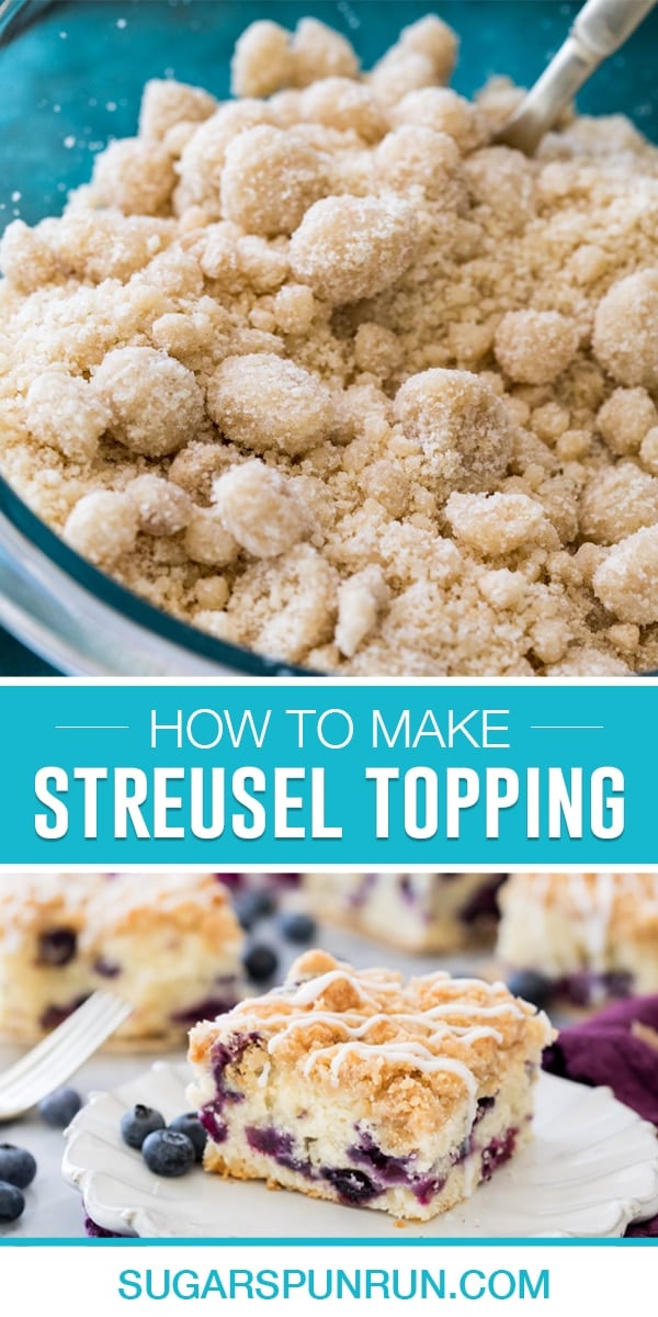 collage of streusel topping, top image of streusel topping in bowl, bottom image on top of slice of cake