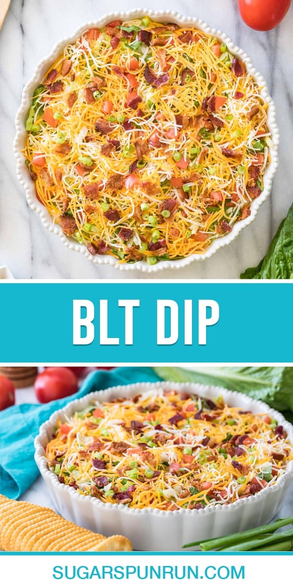 collage of blt dip top image is dip in white serving dish from birdseye view, bottom image side view