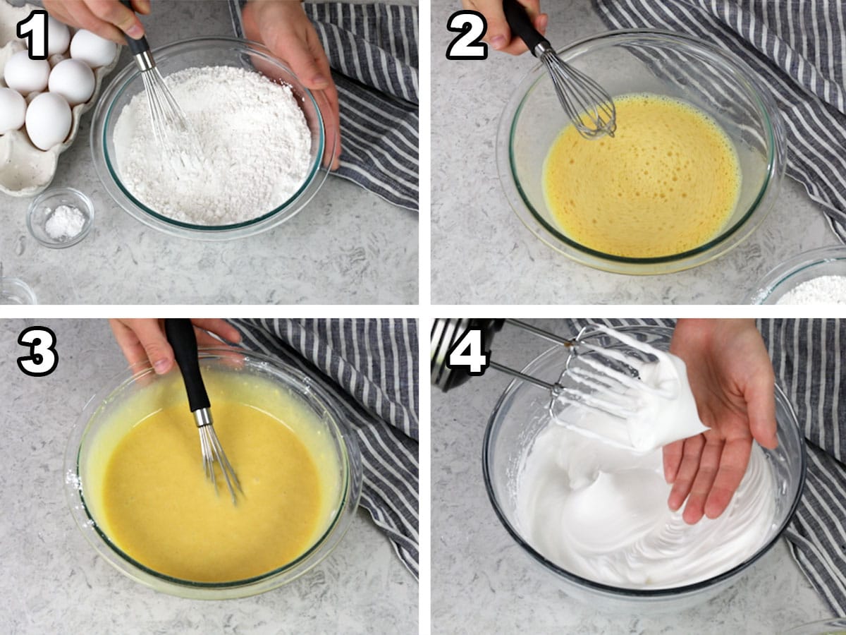 Collage showing the steps to make Chiffon cake batter 1) whisking dry ingredients, 2) whisking egg yolks, 3) combining dry ingredients and egg yolks, 4) whipping egg whites to stiff peaks