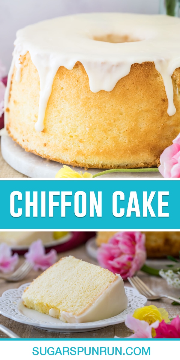 collage of chiffon cake, top image is of full cake with icing dripping off top, bottom image of single slice on white plate
