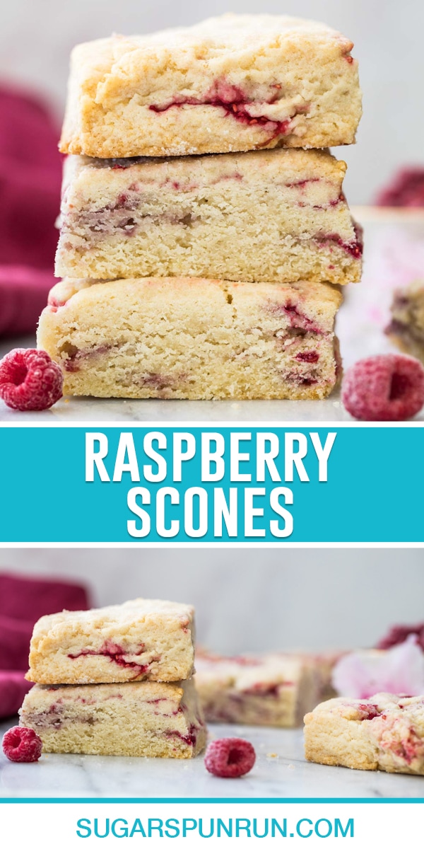 collage of raspberry scones, top image of three scones stacked, bottom image of scones on marble slab