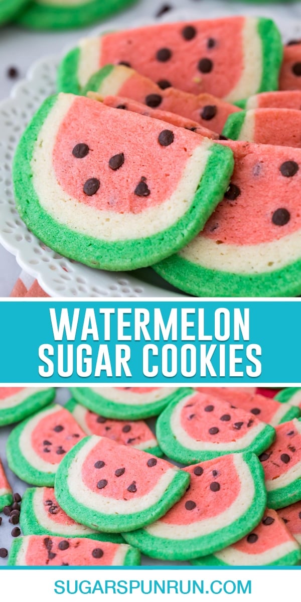 collage of watermelon sugar cookies, top image of multiple cookies on white plate, bottom image of multiple cookies spread out