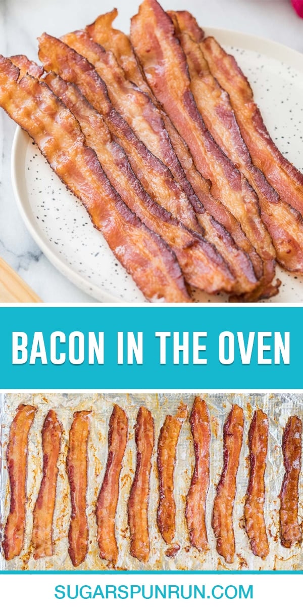 collage of bacon in the oven, top image of bacon on plate, bottom image of bacon that's been baked in the ovenon baking sheet