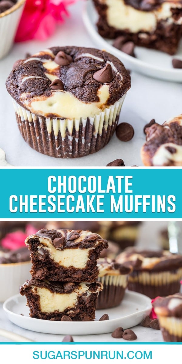 collage of chocolate cheesecake muffins, top image is a close-up of single muffin, bottom image of two muffins cut in half to show cheesecake center