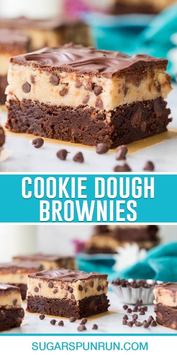 collage of cookie dough brownies, top image of single brownie, bottom image of multiple brownies