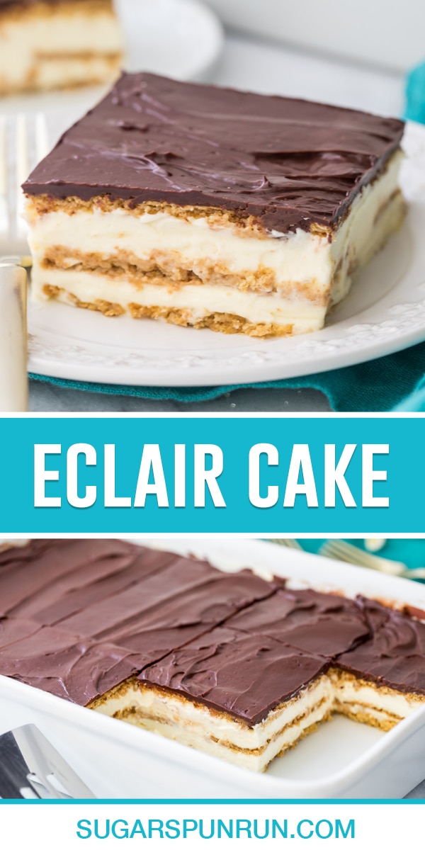 collage of eclair cake, top image is close up of single slice, bottom image of full cake in white baking dish