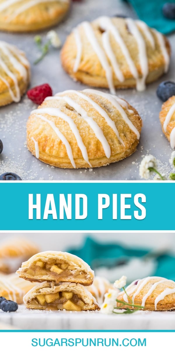 collage of hand pies, top image of several evenly placed on marble slab, bottom image of hand pie cut in half and stacked.