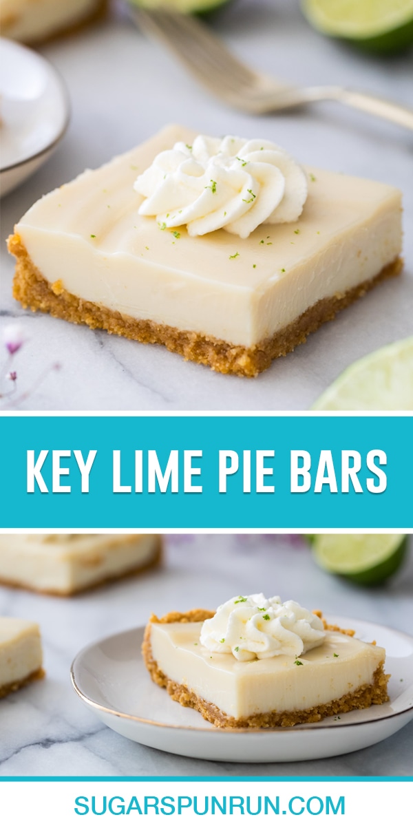 collage of key lime pie bars, top image is of close up single bar, bottom image of bar on white plate