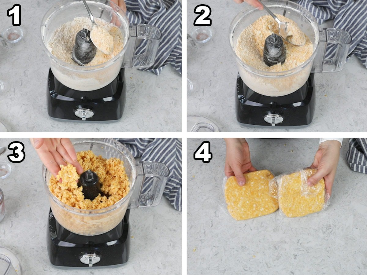 Collage of four photos showing how to make homemade cheese crackers
