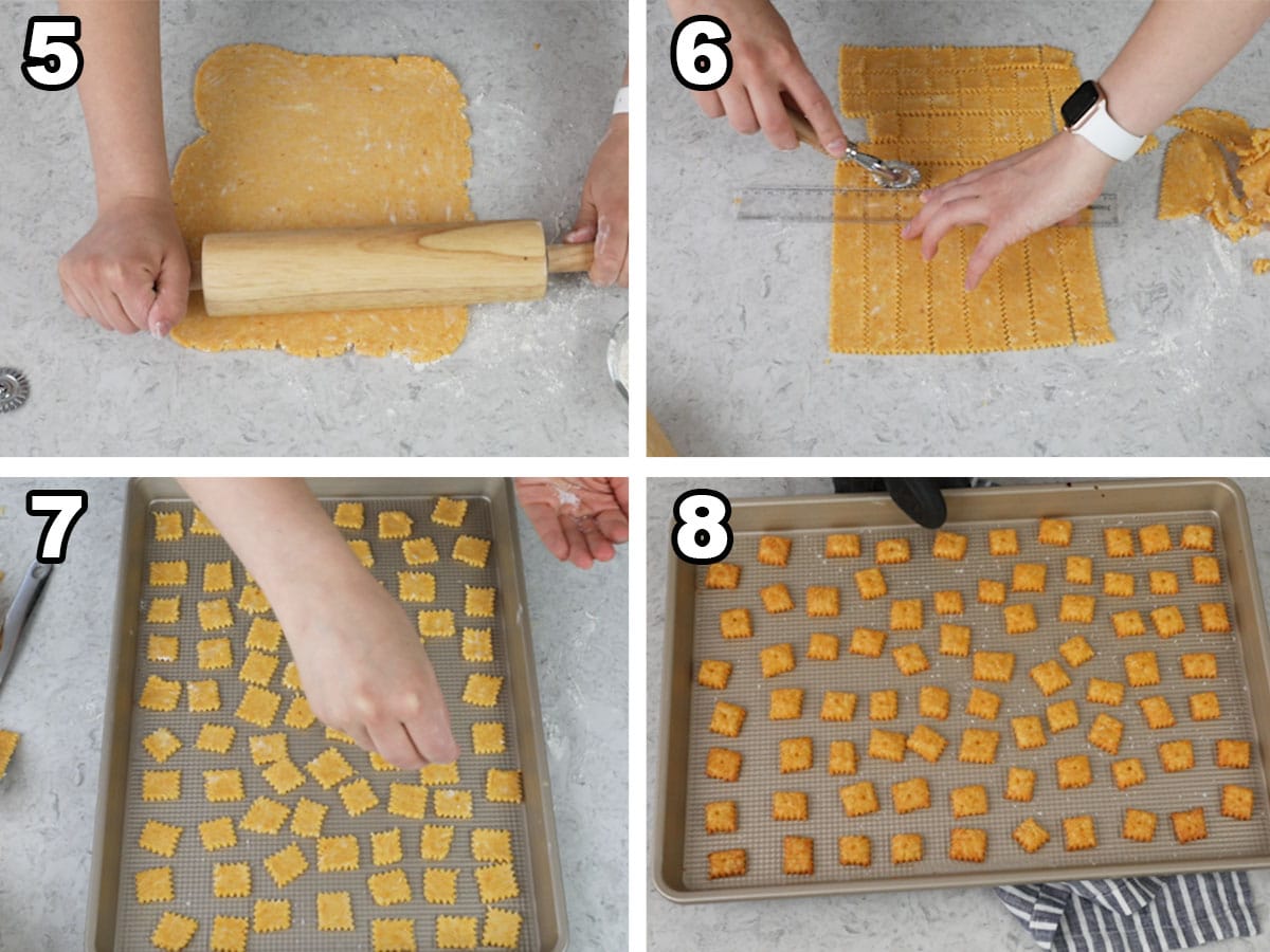 Collage showing four steps of process for making cheese crackers
