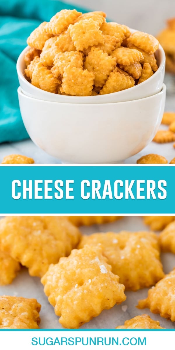 collage of homemade cheese crackers, top image of crackers in white snack bowl, bottom image is of close up of crackers spread out