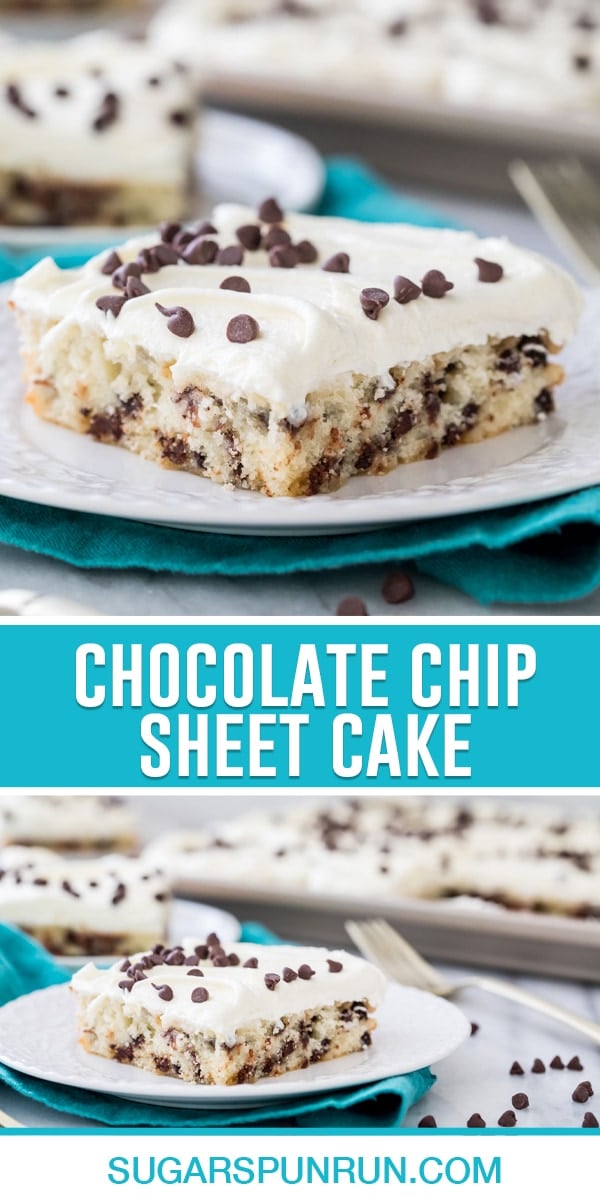 collage of chocolate chip sheet cake, top image of single slice of cake close-up, bottom image of slice of cake on white plate