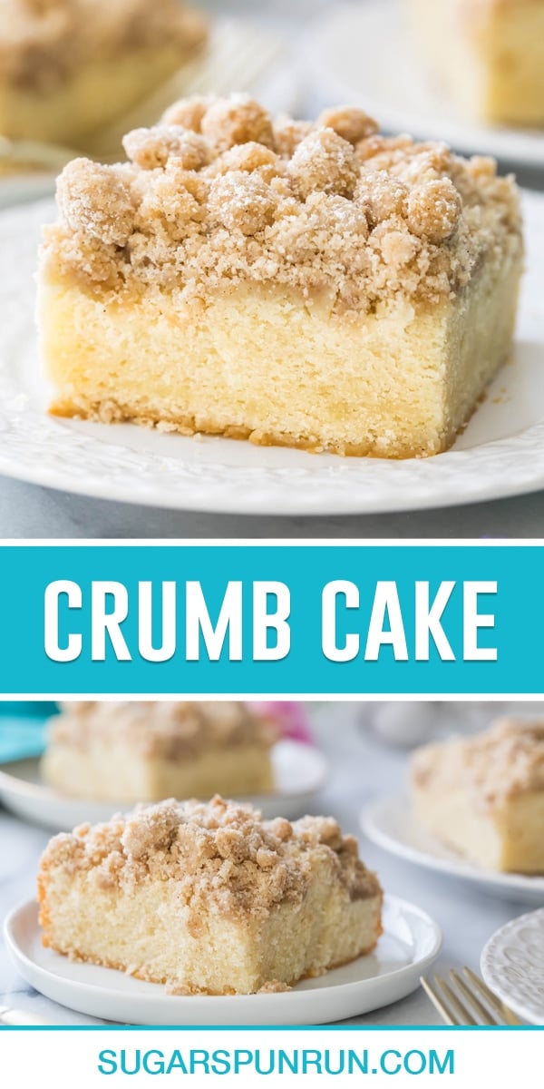 collage of crumb cake, top image is of single slice close up, bottom image of several slices on separate plates spread out