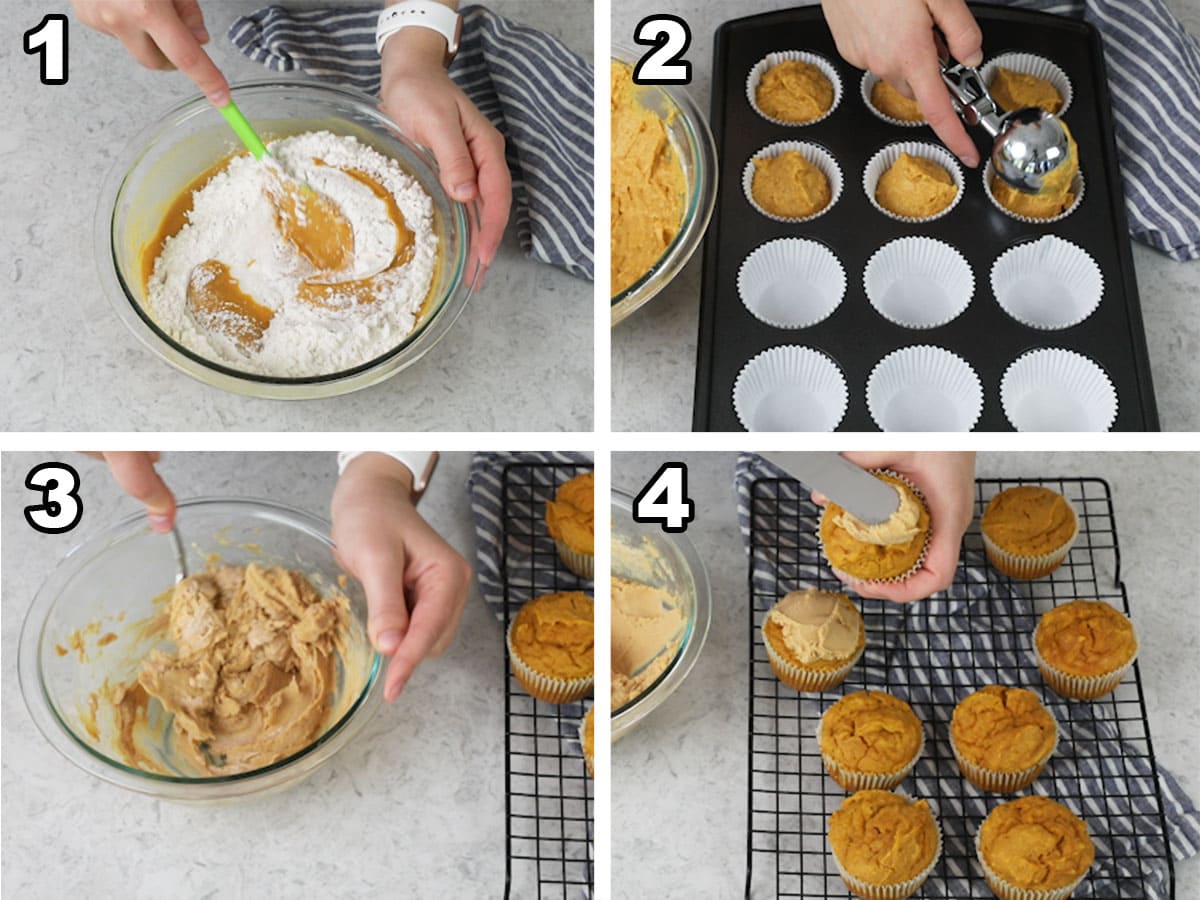 Collage of four photos showing how to make pupcakes