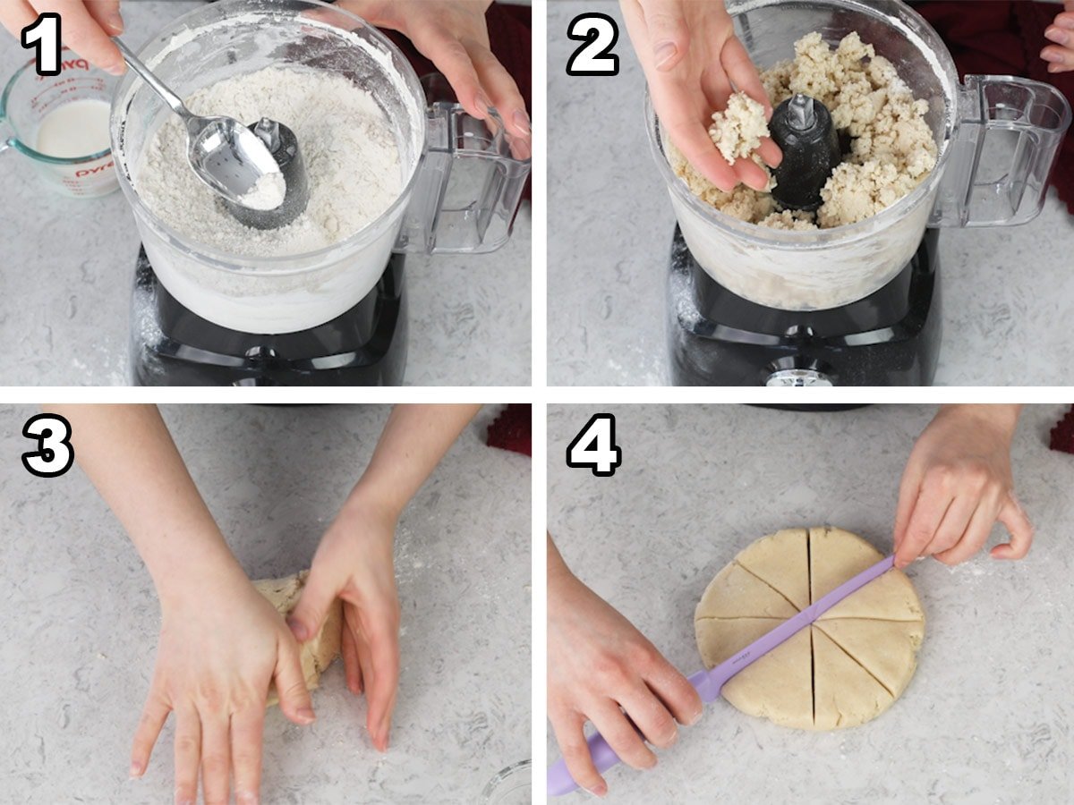 Collage of 4 photos showing how to prepare snickerdoodle scones