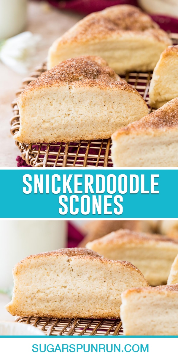 collage of snickerdoodle scones, top image of bird eye view, bottom image side view