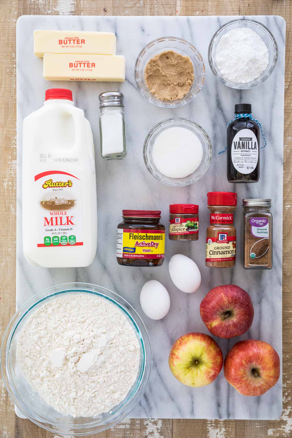 overhead view of ingredients for apple cinnamon rolls