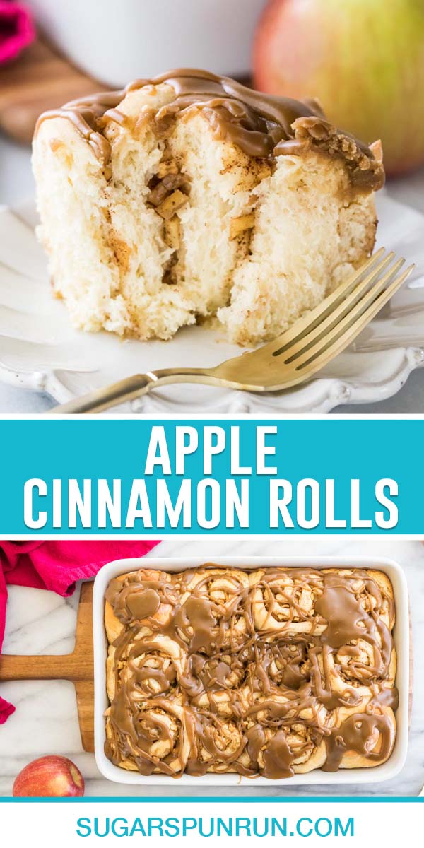 collage of apple cinnamon rolls, top image is close up of inside of single roll on white plate, bottom image of rolls in white baking dish