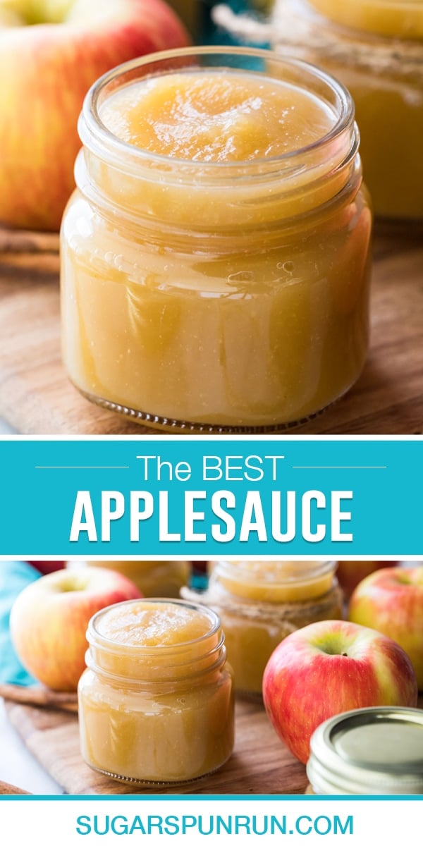 collage of homemade apple sauce, top image close up of it in single jar, bottom image same shot further away with apples