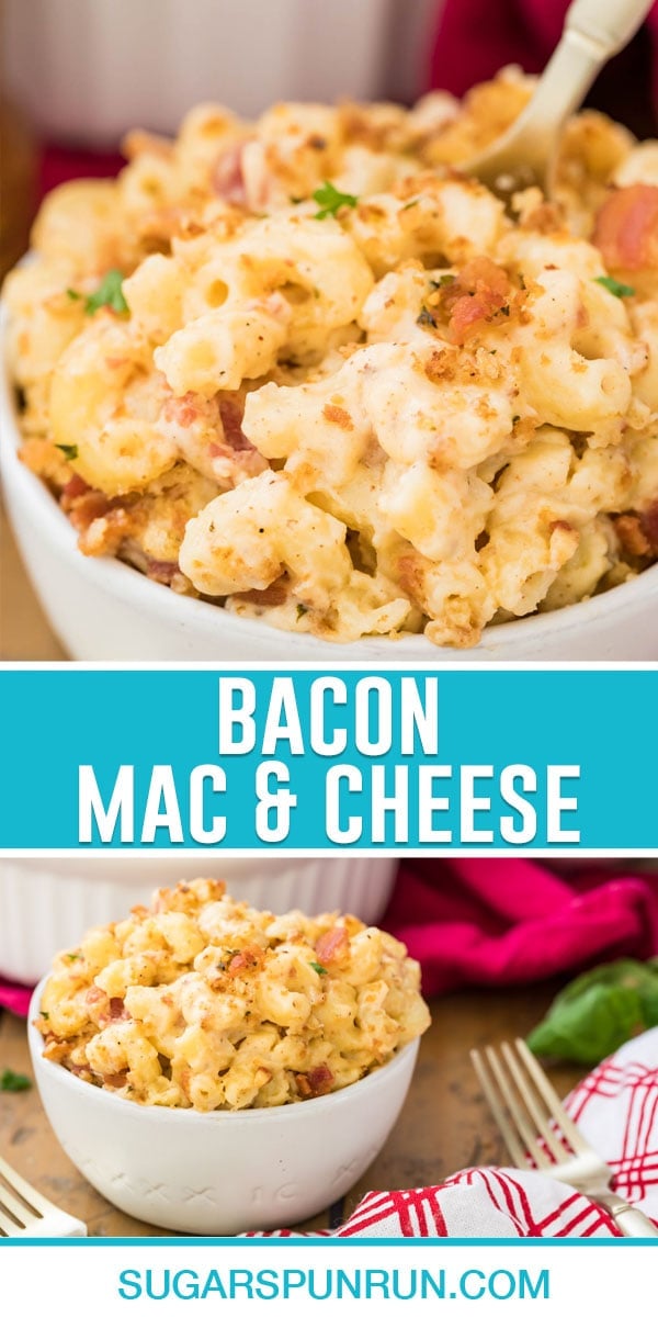 collage of bacon mac and cheese, top image of close up in white bowl, bottom image of it further away in white bowl